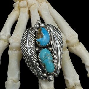 Adam Fierro Sterling Silver Santa Rita Turquoise Adjustable Feather Ring 8.25